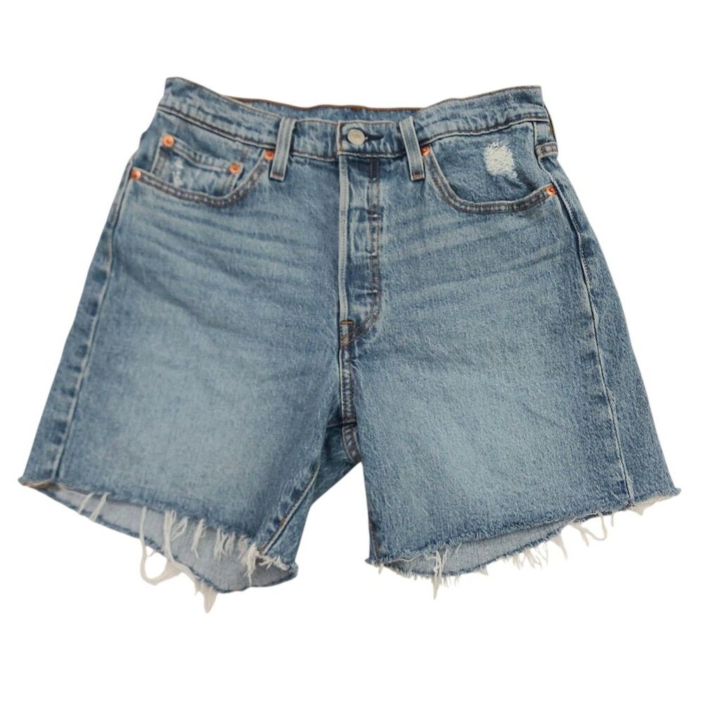 Levis Premium Jean Shorts Womens 29 Blue Medium Wash Button Fly Raw Hem Grunge